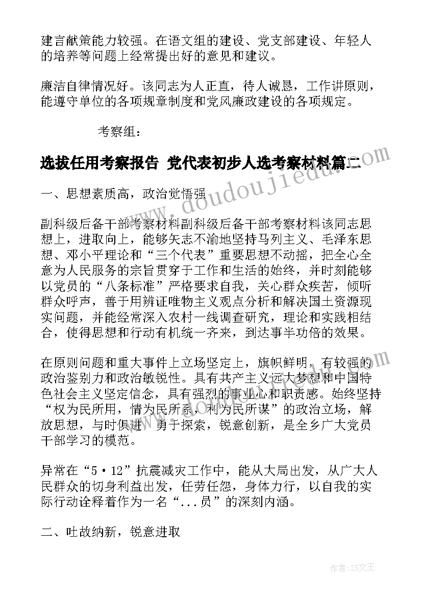 2023年选拔任用考察报告 党代表初步人选考察材料(优质5篇)