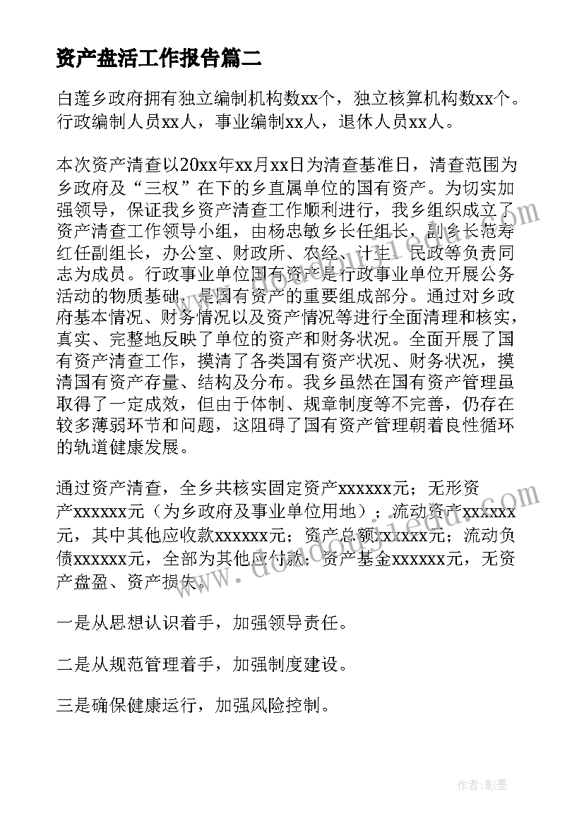 资产盘活工作报告(精选10篇)