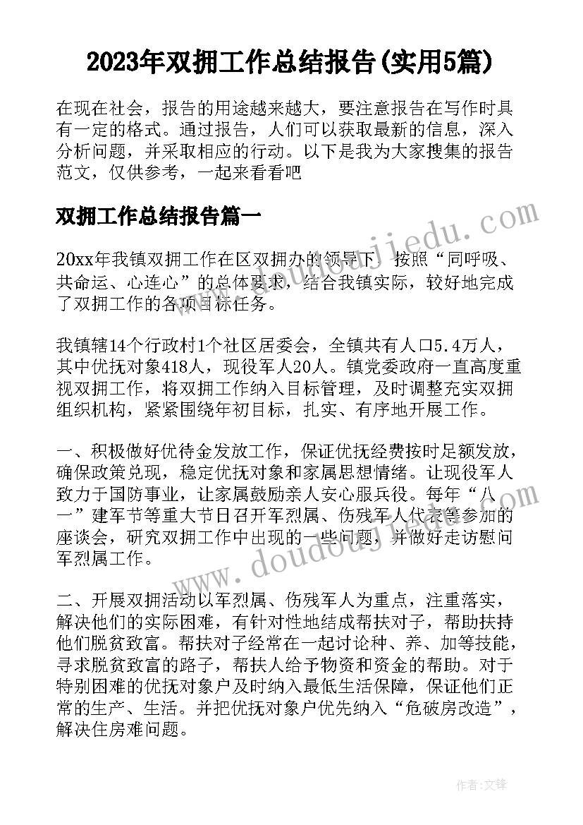 2023年双拥工作总结报告(实用5篇)