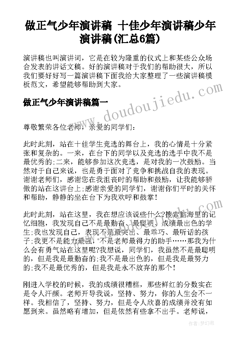 做正气少年演讲稿 十佳少年演讲稿少年演讲稿(汇总6篇)