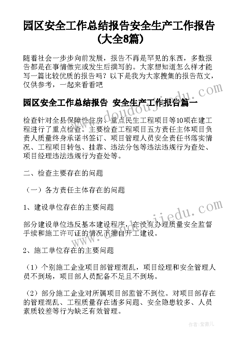 园区安全工作总结报告 安全生产工作报告(大全8篇)