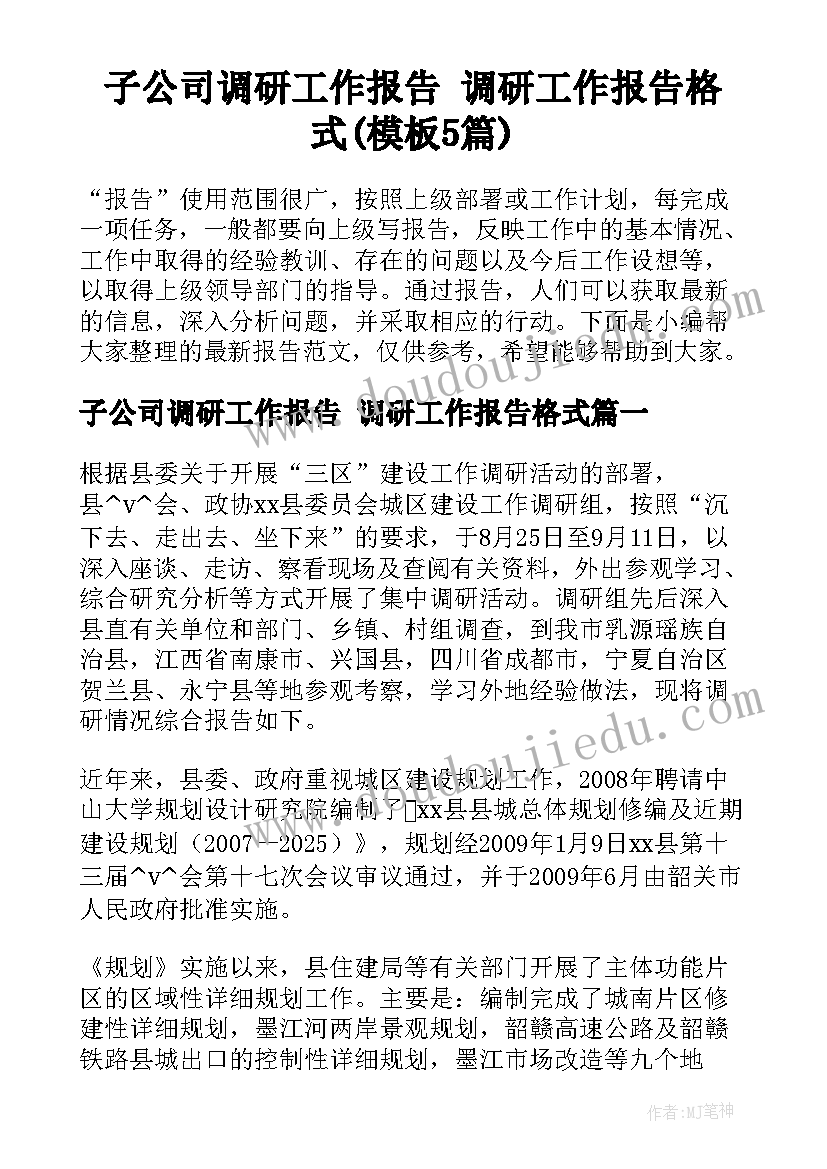 子公司调研工作报告 调研工作报告格式(模板5篇)