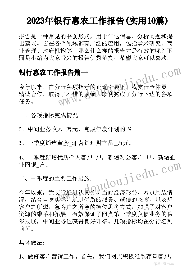 2023年银行惠农工作报告(实用10篇)