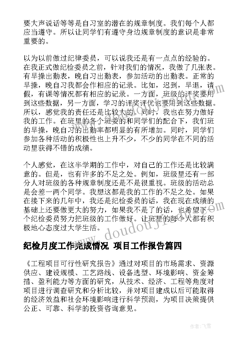 纪检月度工作完成情况 项目工作报告(通用10篇)