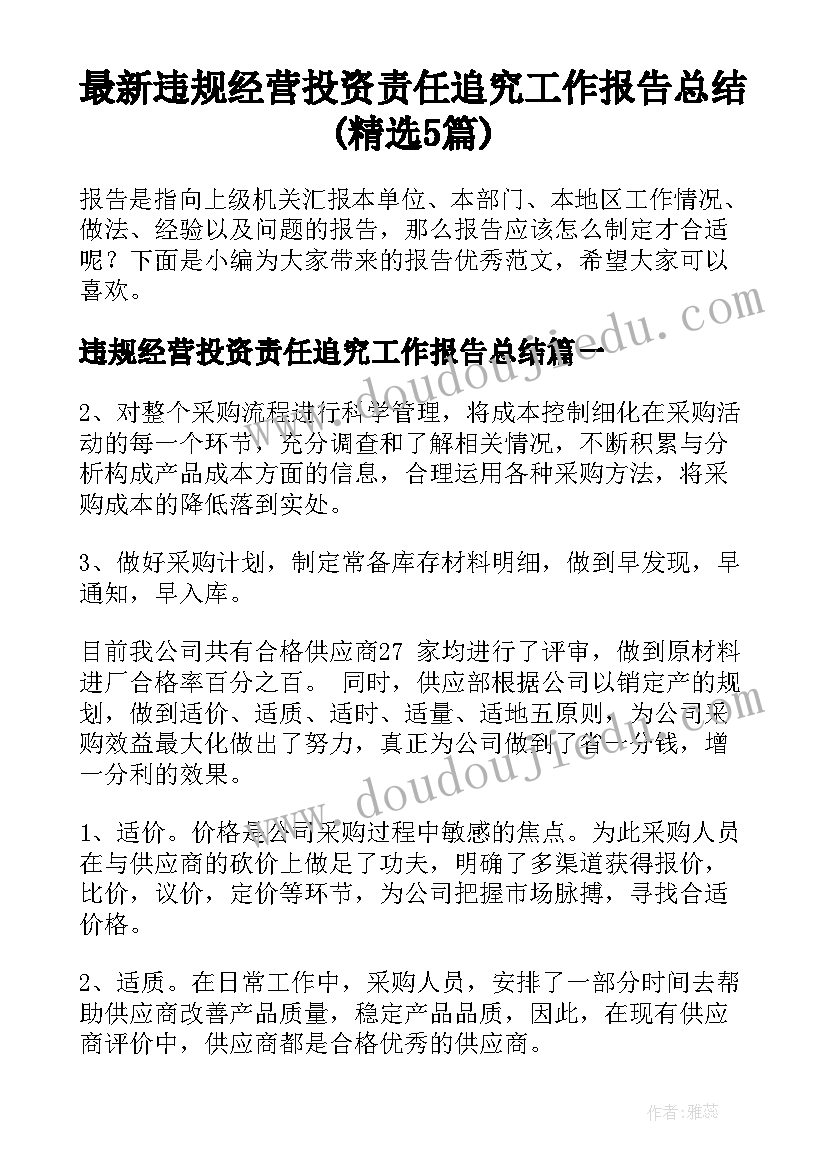 最新违规经营投资责任追究工作报告总结(精选5篇)