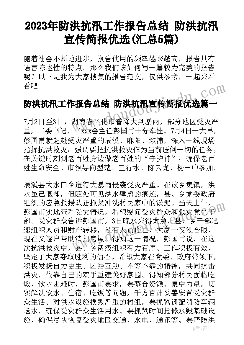 2023年防洪抗汛工作报告总结 防洪抗汛宣传简报优选(汇总5篇)