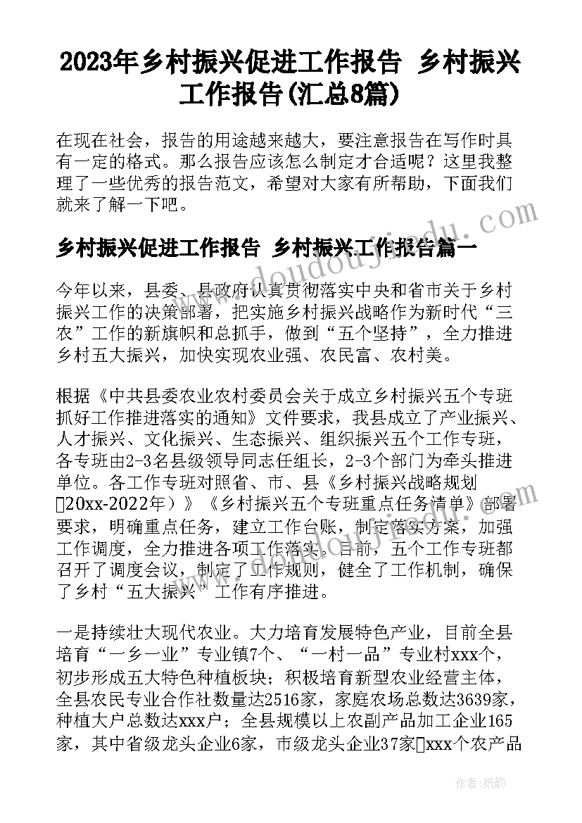 2023年乡村振兴促进工作报告 乡村振兴工作报告(汇总8篇)