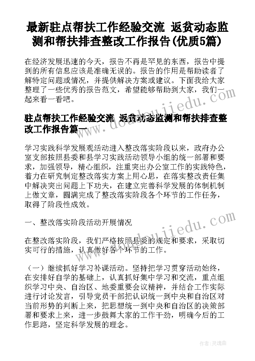 最新驻点帮扶工作经验交流 返贫动态监测和帮扶排查整改工作报告(优质5篇)