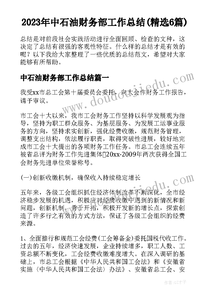 2023年中石油财务部工作总结(精选6篇)