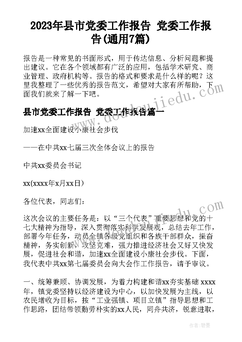 2023年县市党委工作报告 党委工作报告(通用7篇)