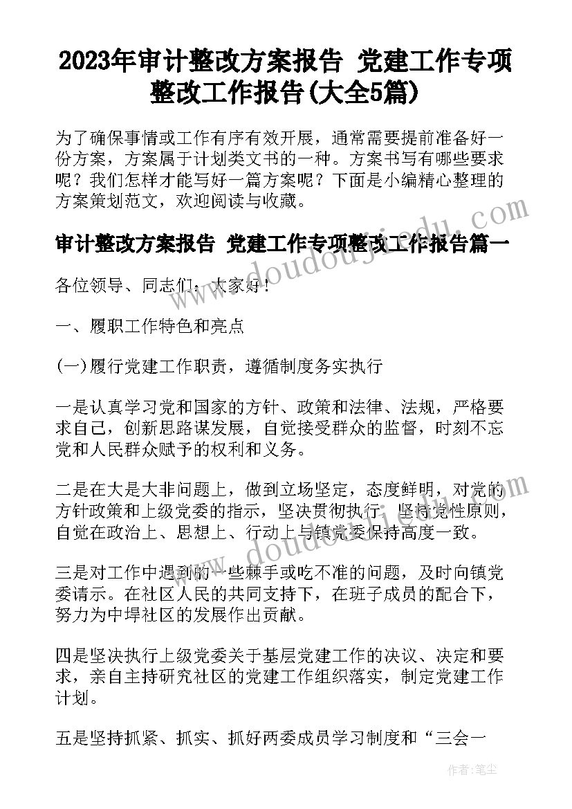 2023年审计整改方案报告 党建工作专项整改工作报告(大全5篇)