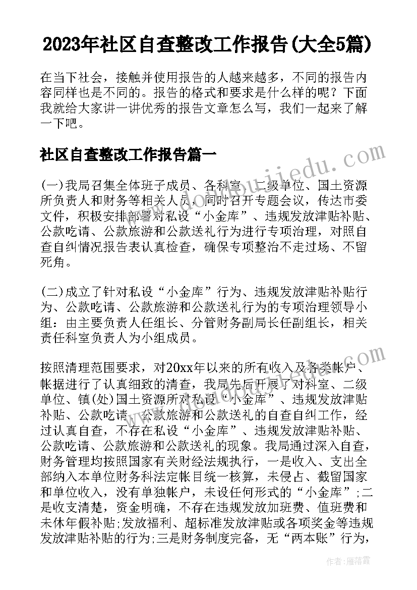 2023年社区自查整改工作报告(大全5篇)