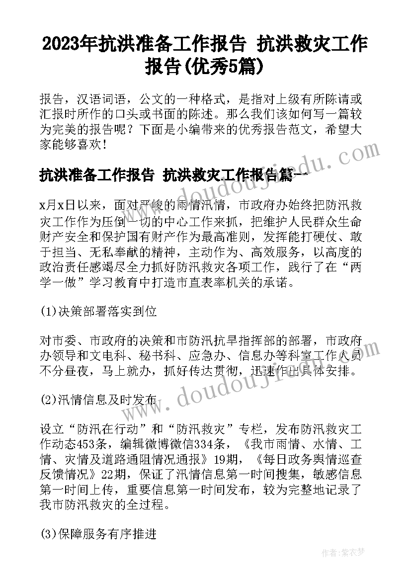 2023年抗洪准备工作报告 抗洪救灾工作报告(优秀5篇)