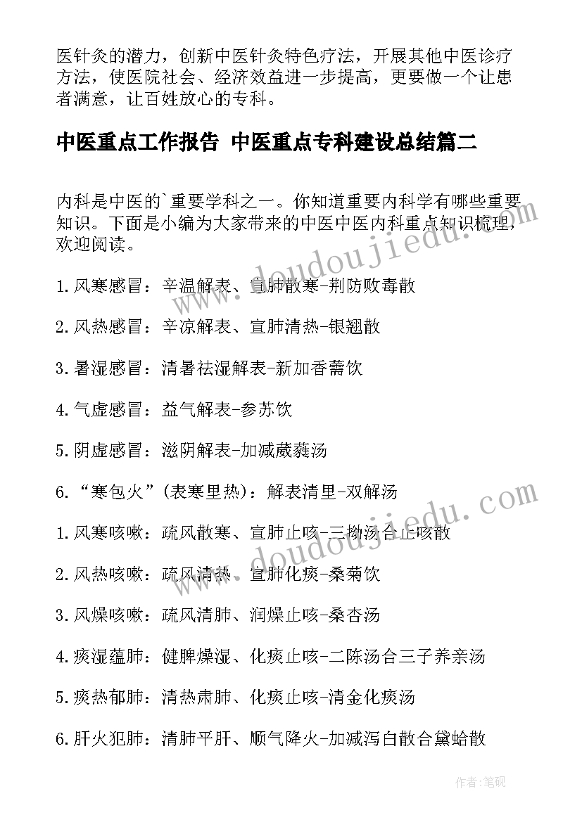 中医重点工作报告 中医重点专科建设总结(实用5篇)