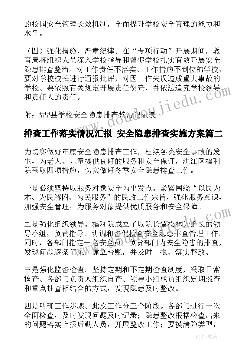 排查工作落实情况汇报 安全隐患排查实施方案(汇总5篇)