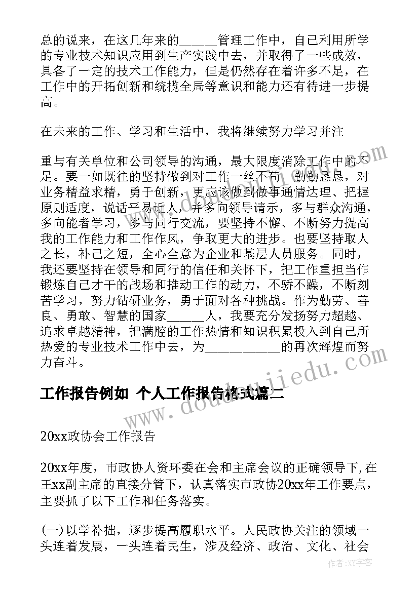 最新工作报告例如 个人工作报告格式(优秀7篇)