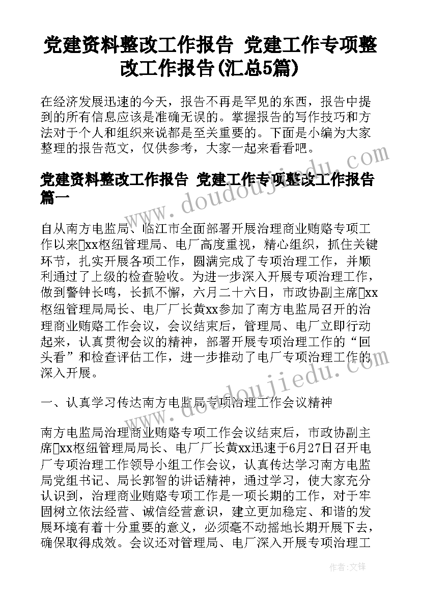 党建资料整改工作报告 党建工作专项整改工作报告(汇总5篇)