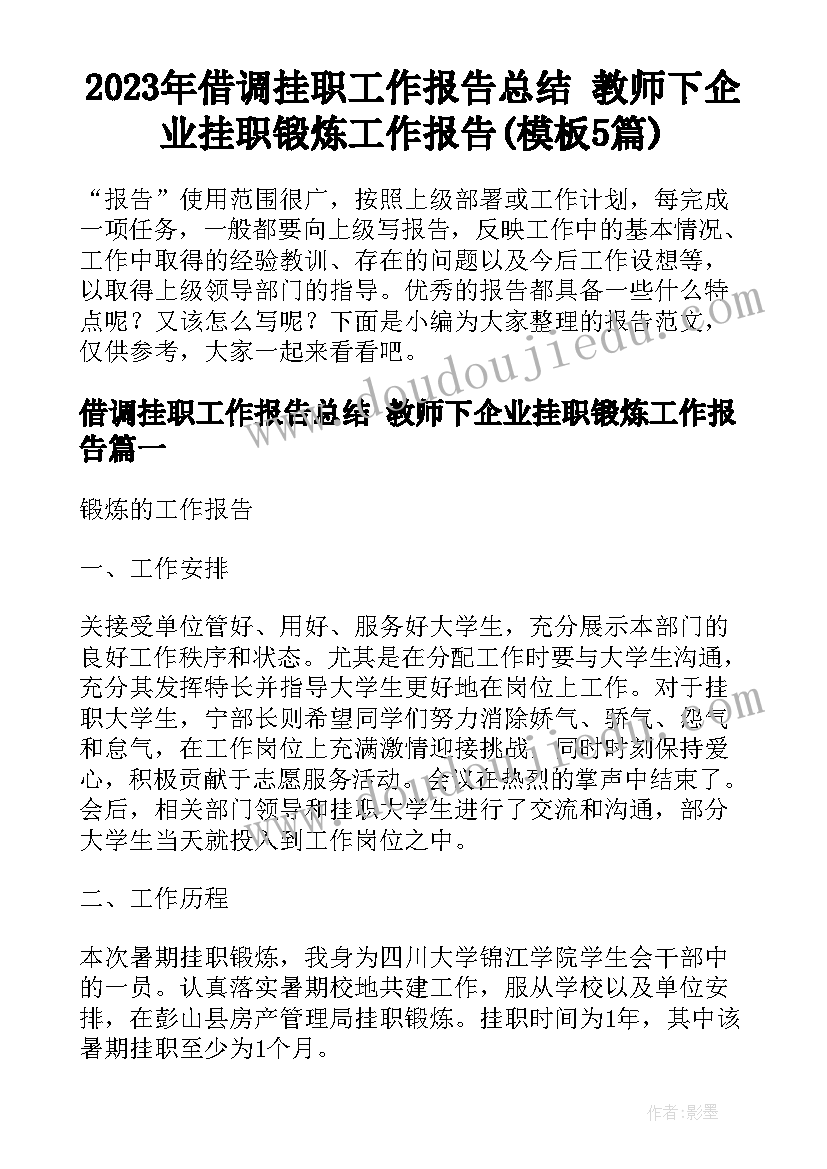 2023年借调挂职工作报告总结 教师下企业挂职锻炼工作报告(模板5篇)