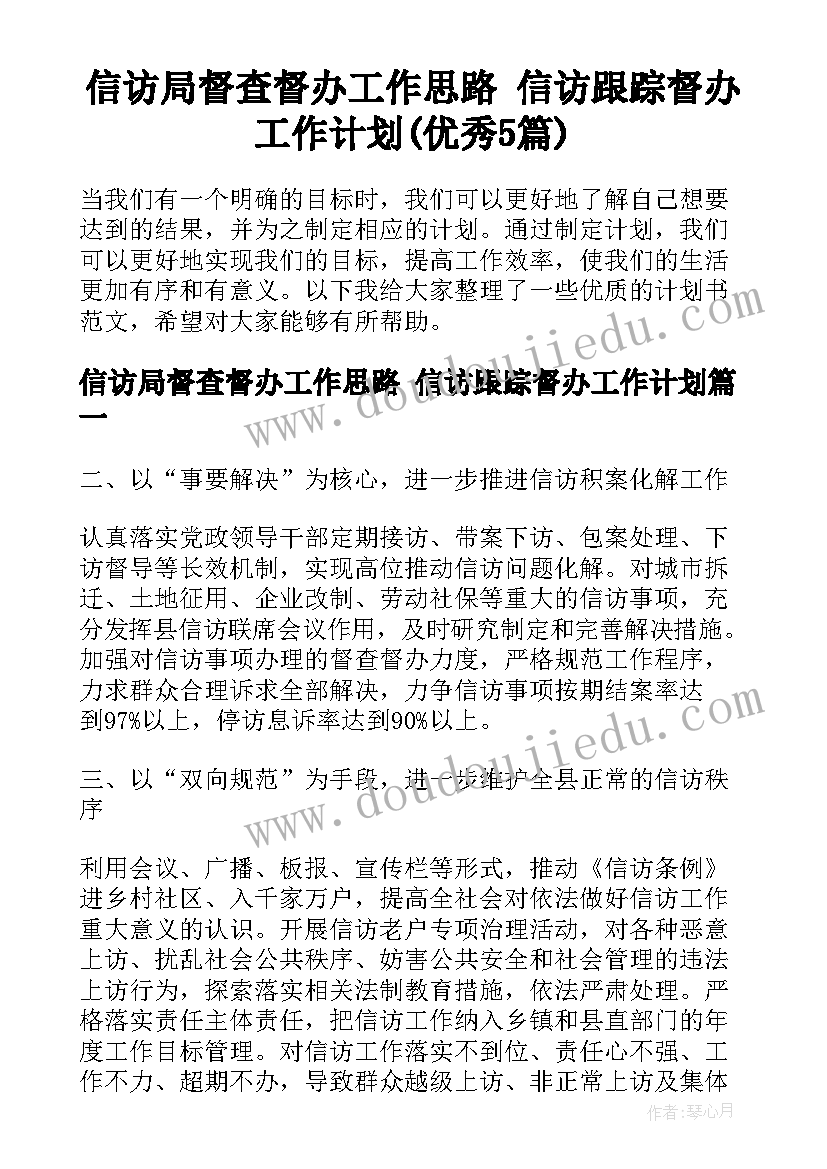 信访局督查督办工作思路 信访跟踪督办工作计划(优秀5篇)