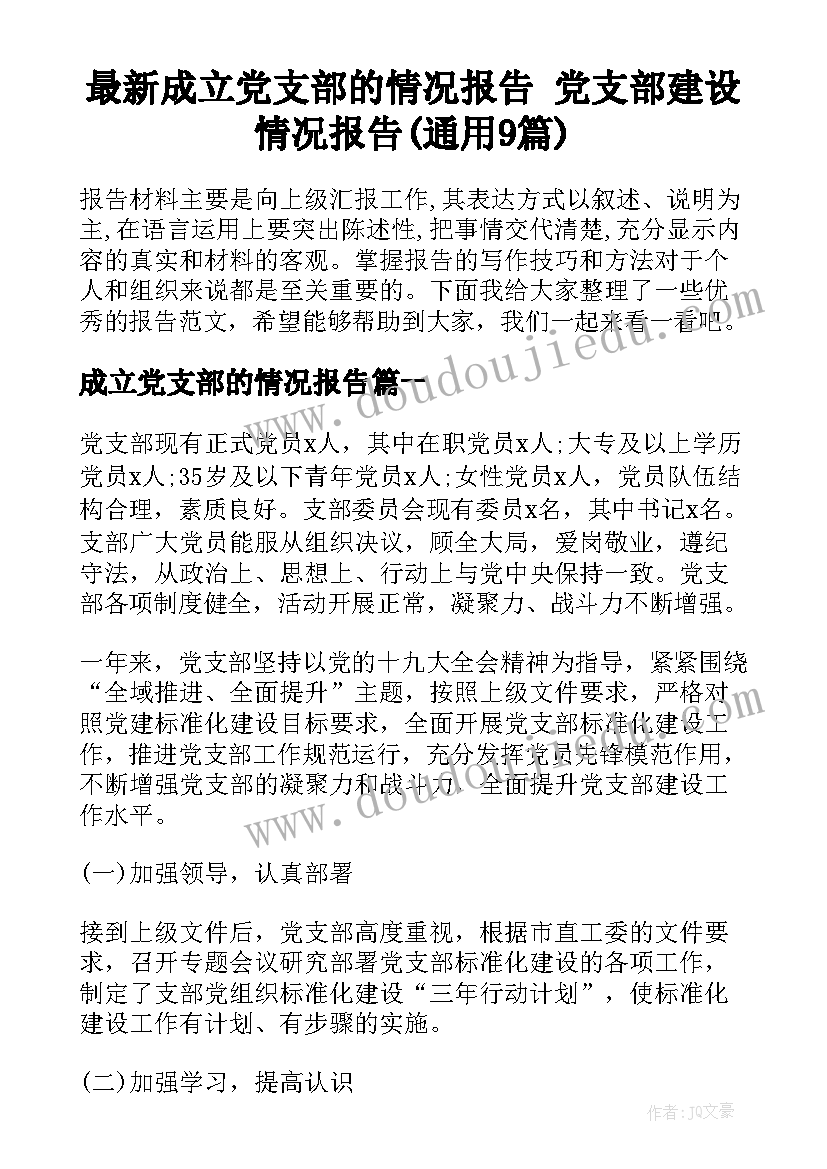 最新成立党支部的情况报告 党支部建设情况报告(通用9篇)