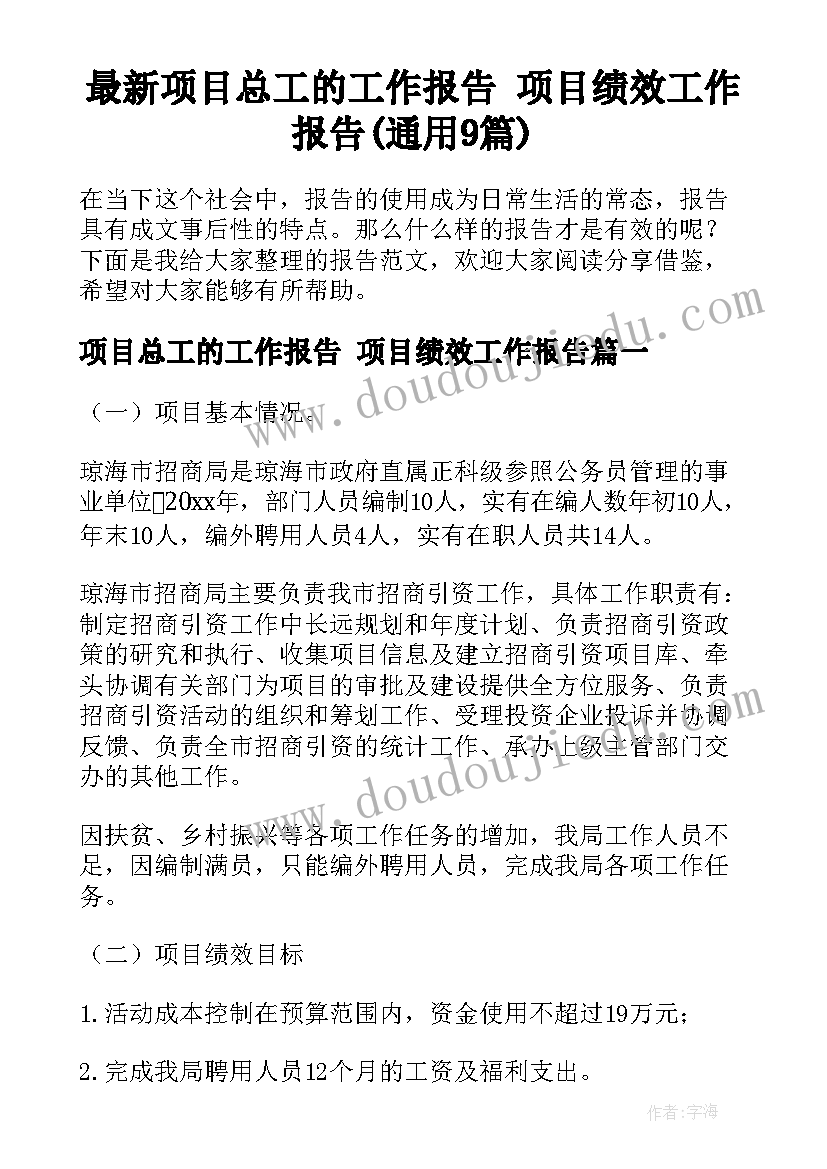 最新项目总工的工作报告 项目绩效工作报告(通用9篇)