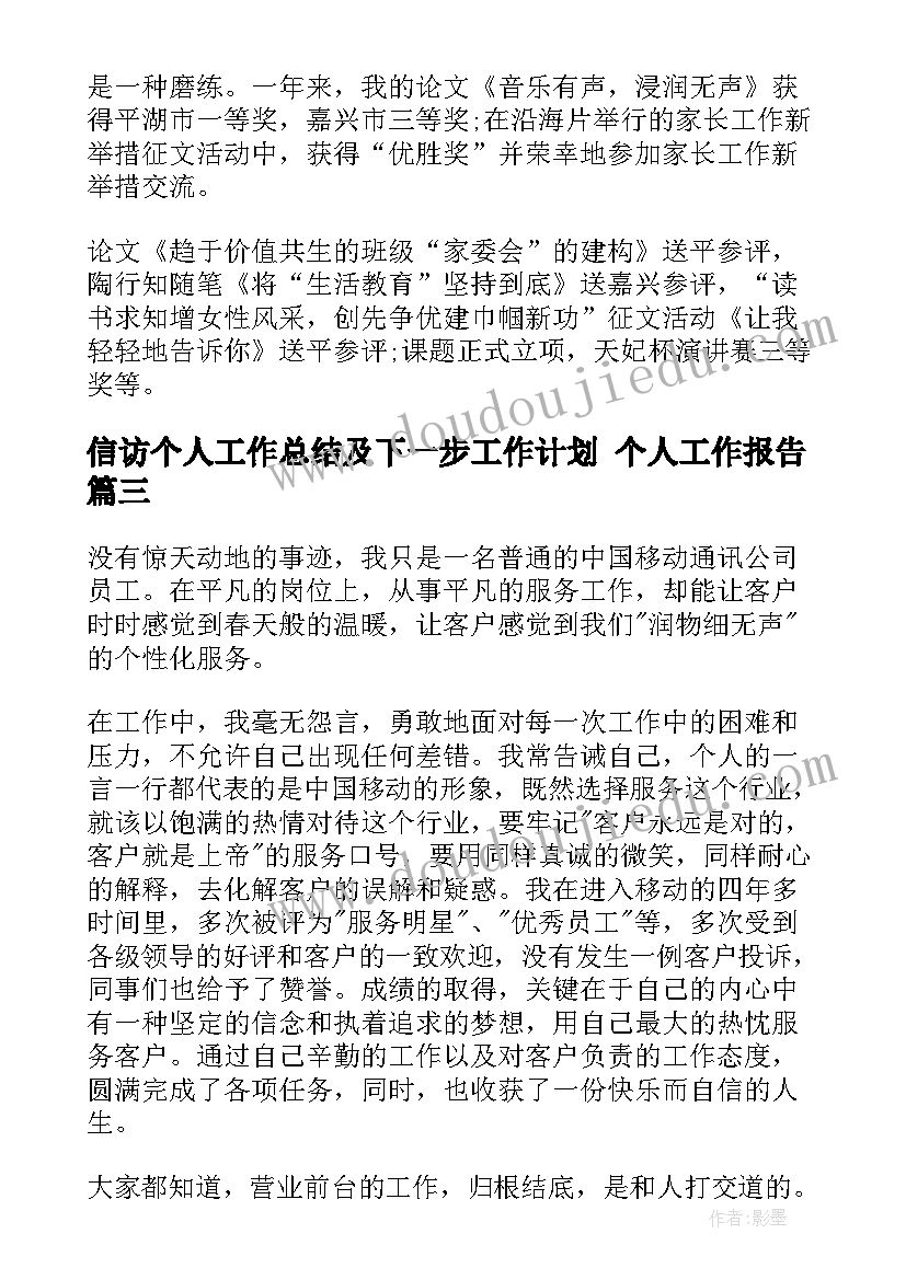 信访个人工作总结及下一步工作计划 个人工作报告(精选8篇)