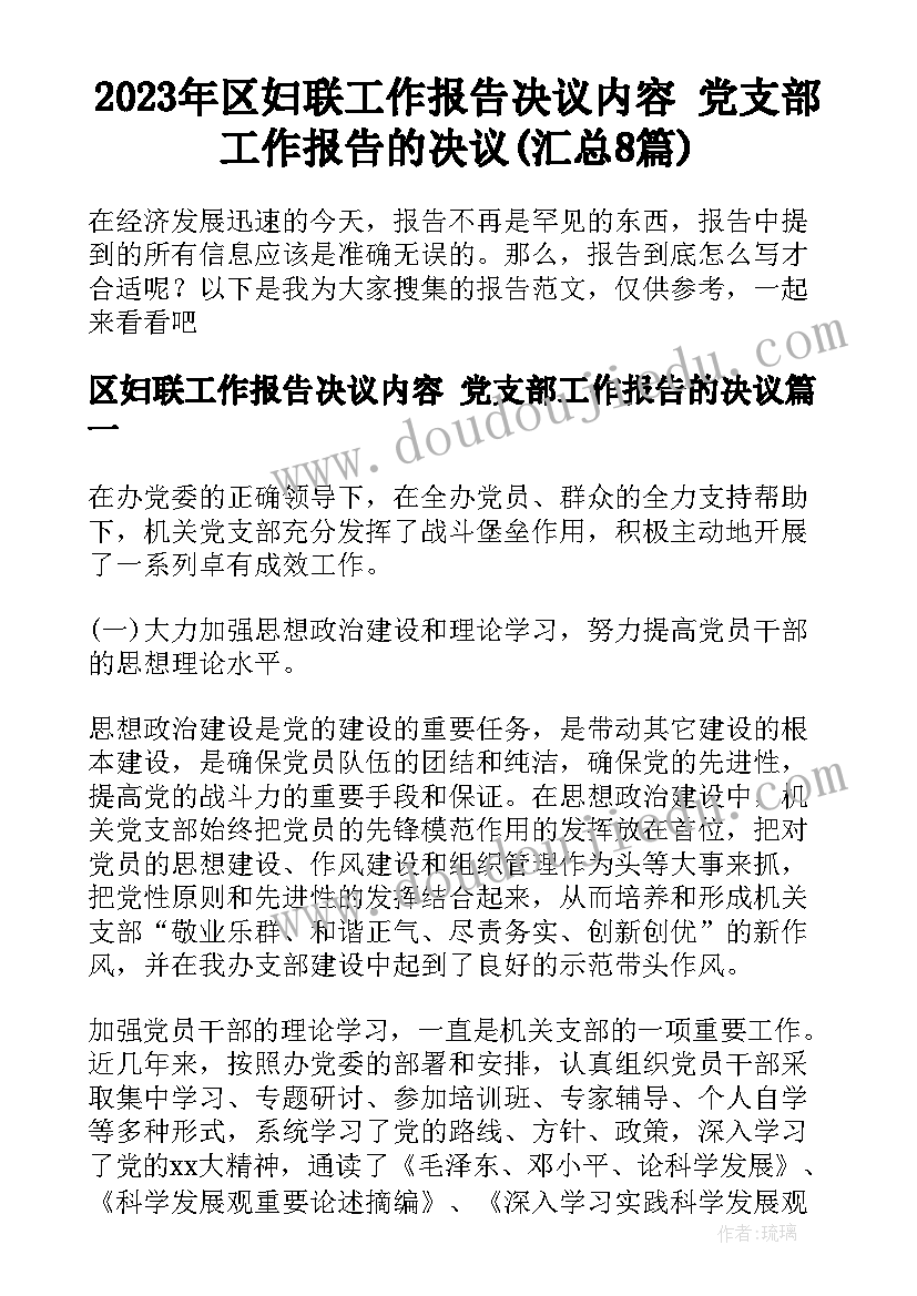 2023年区妇联工作报告决议内容 党支部工作报告的决议(汇总8篇)