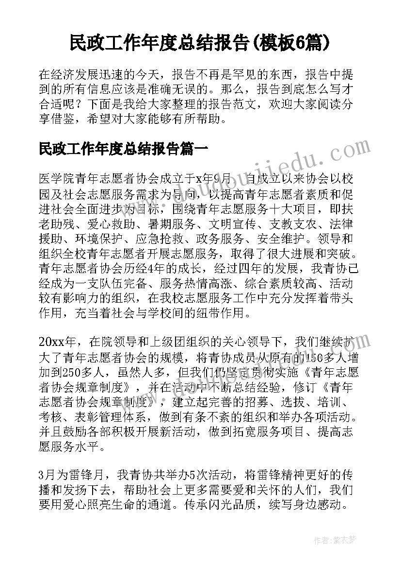 民政工作年度总结报告(模板6篇)