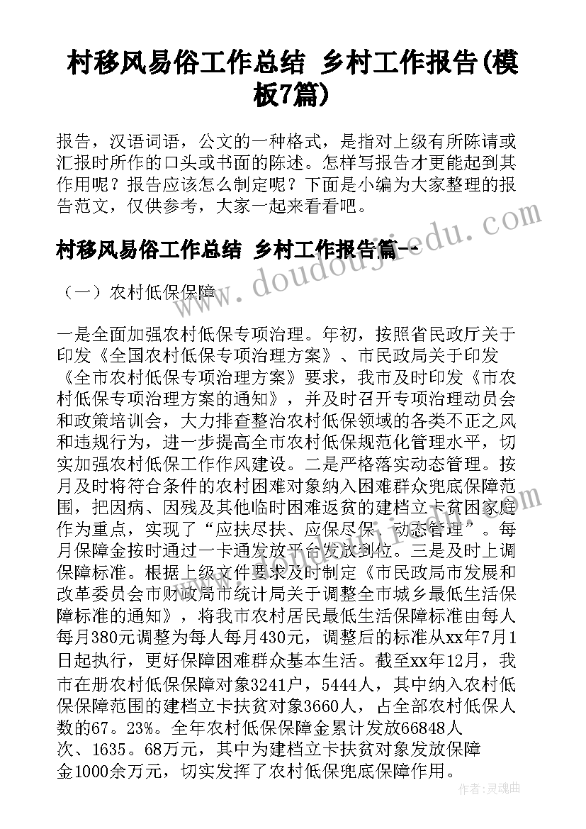 村移风易俗工作总结 乡村工作报告(模板7篇)