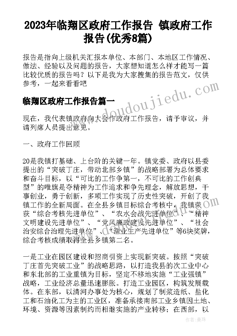 2023年临翔区政府工作报告 镇政府工作报告(优秀8篇)