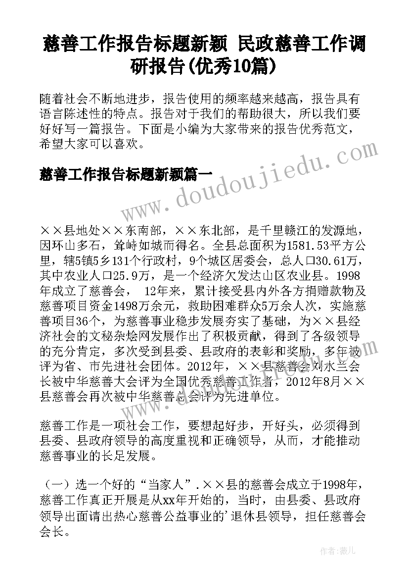 慈善工作报告标题新颖 民政慈善工作调研报告(优秀10篇)