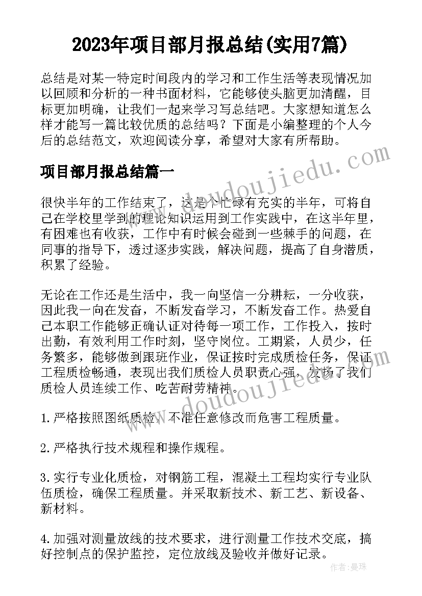 2023年项目部月报总结(实用7篇)