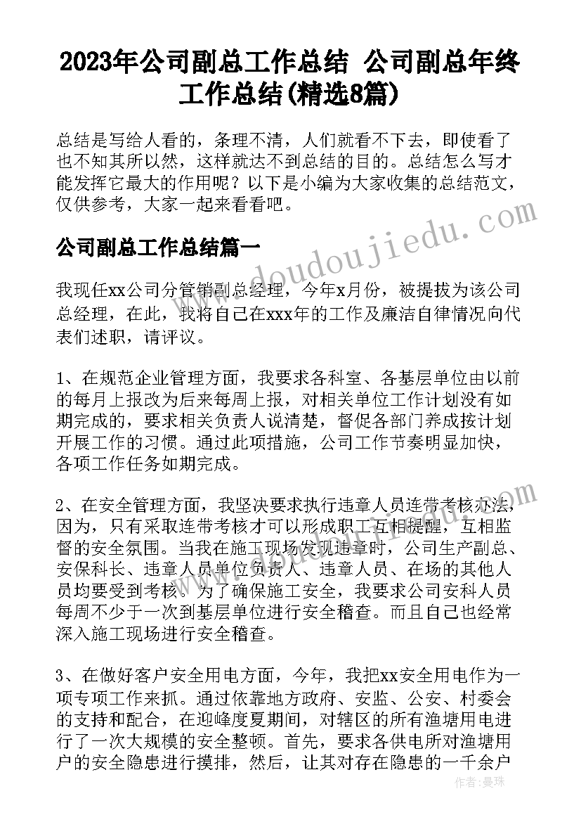 2023年公司副总工作总结 公司副总年终工作总结(精选8篇)