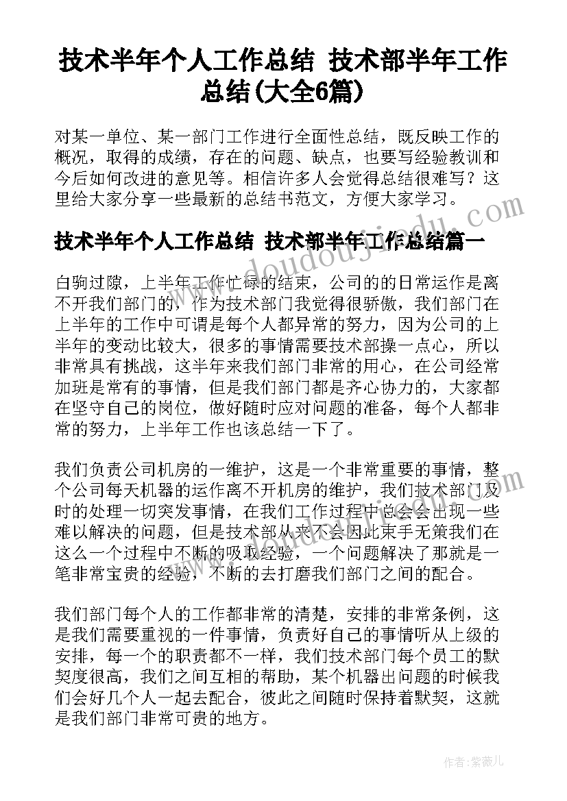 技术半年个人工作总结 技术部半年工作总结(大全6篇)