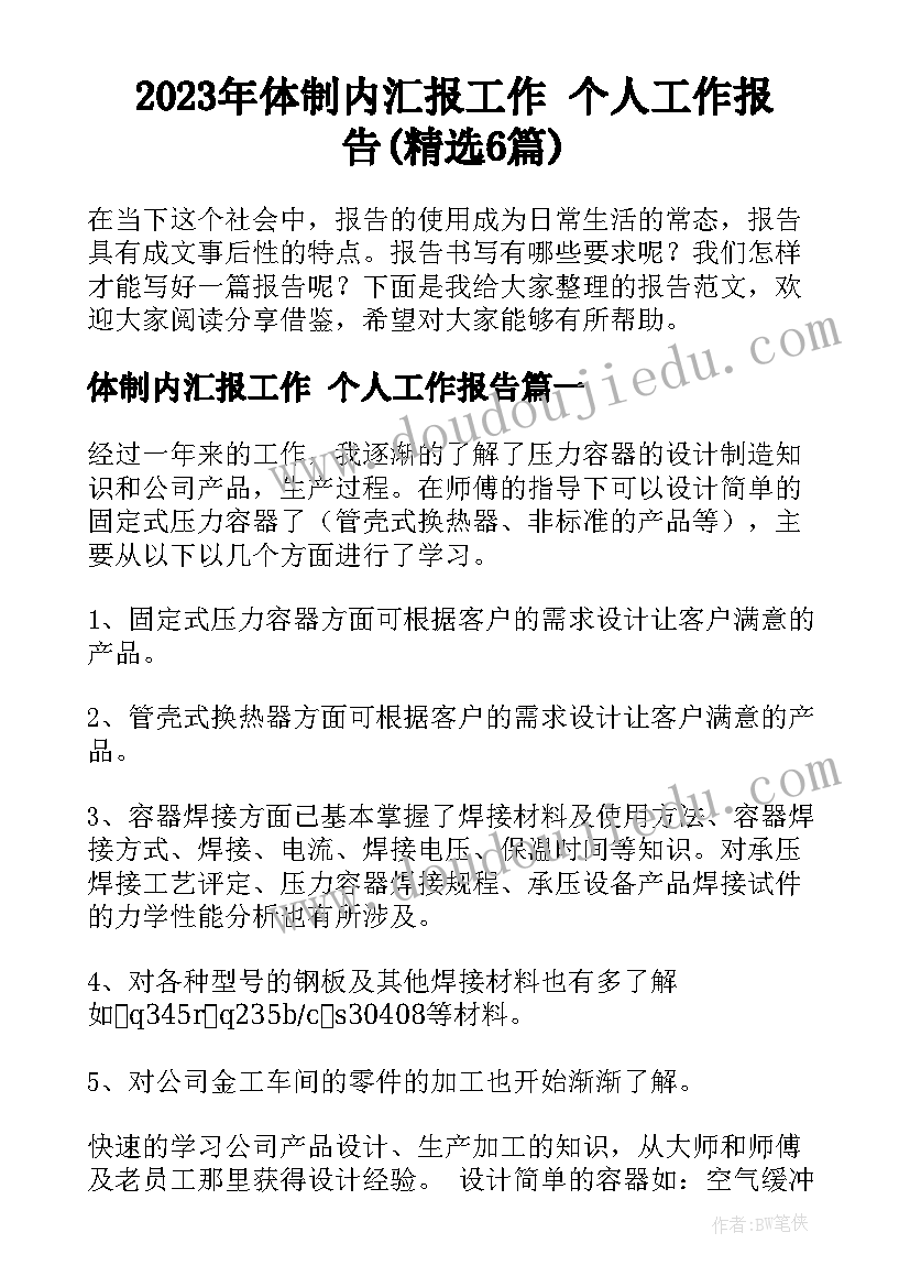 2023年体制内汇报工作 个人工作报告(精选6篇)