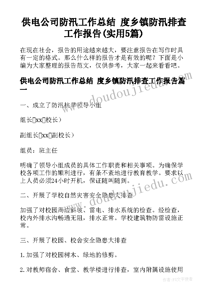 供电公司防汛工作总结 度乡镇防汛排查工作报告(实用5篇)