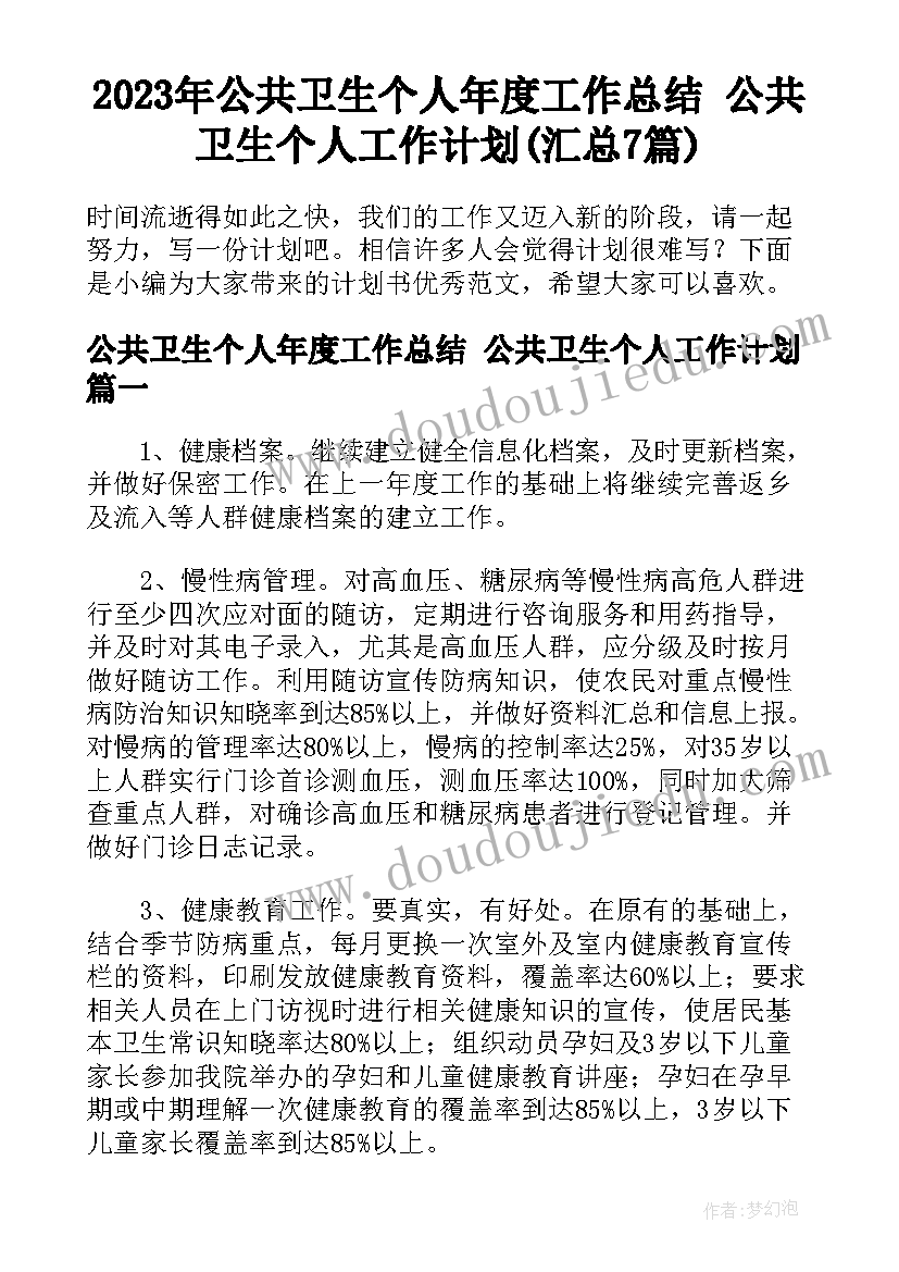 2023年公共卫生个人年度工作总结 公共卫生个人工作计划(汇总7篇)