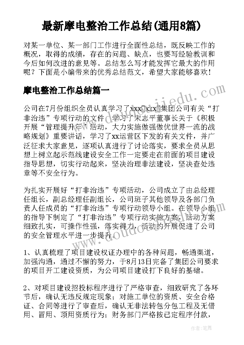 最新摩电整治工作总结(通用8篇)