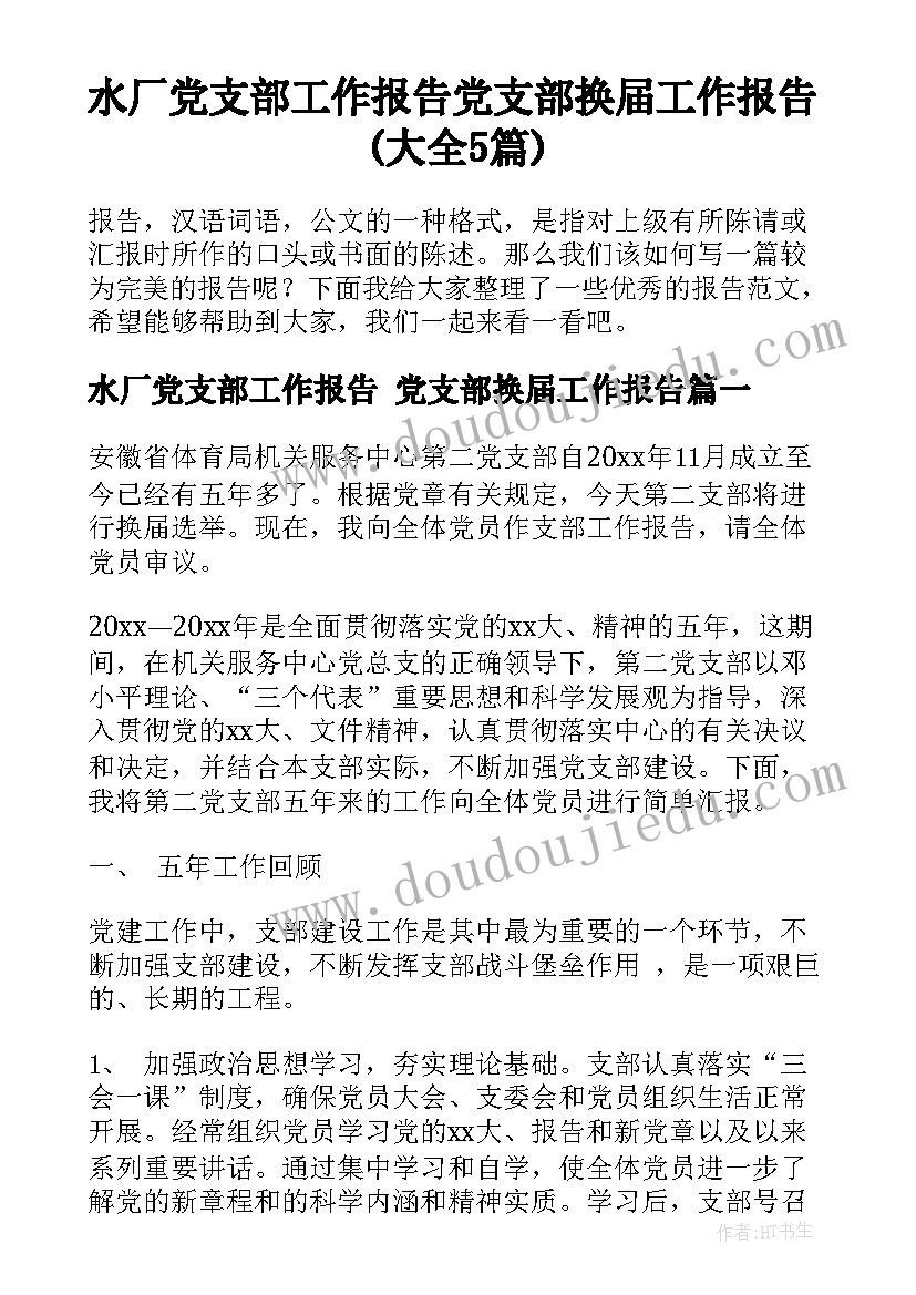 水厂党支部工作报告 党支部换届工作报告(大全5篇)