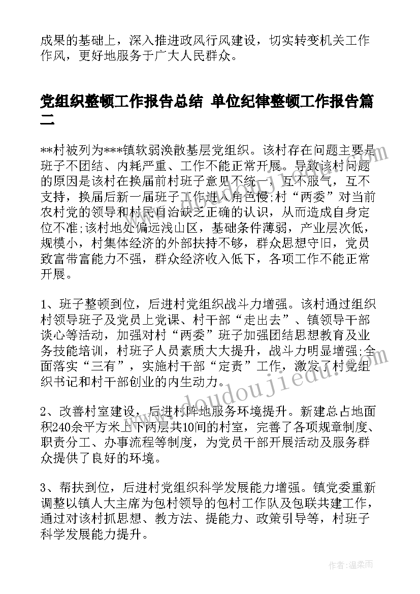 2023年党组织整顿工作报告总结 单位纪律整顿工作报告(优质7篇)