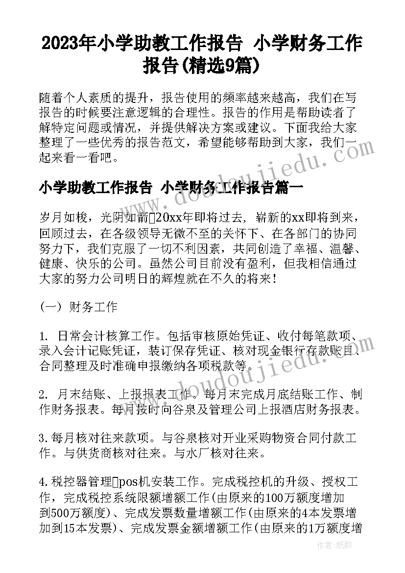 2023年小学助教工作报告 小学财务工作报告(精选9篇)