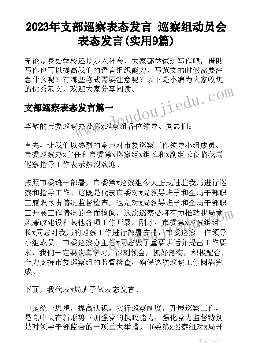 2023年支部巡察表态发言 巡察组动员会表态发言(实用9篇)