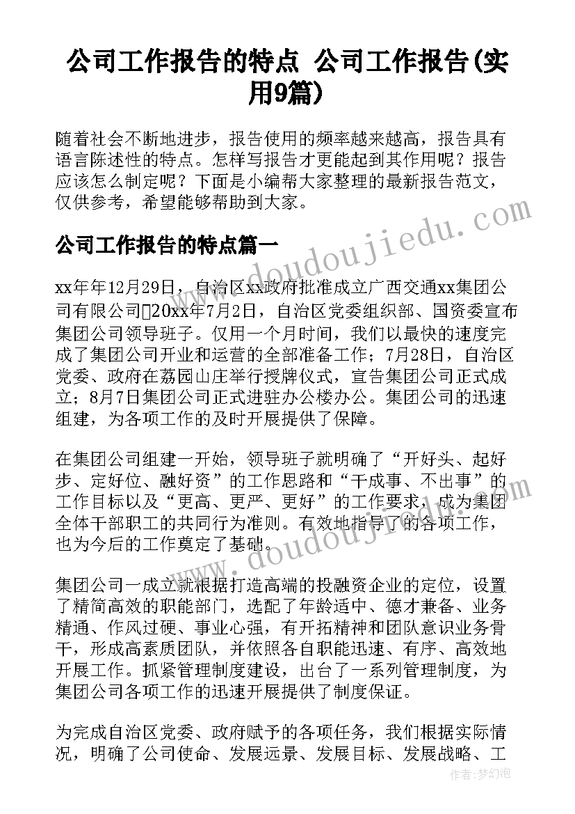 公司工作报告的特点 公司工作报告(实用9篇)