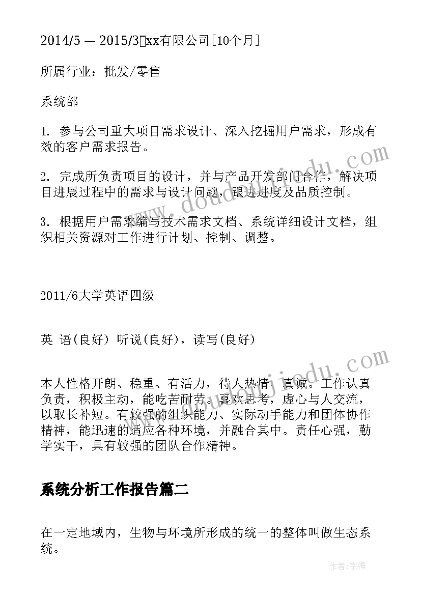 系统分析工作报告(模板7篇)