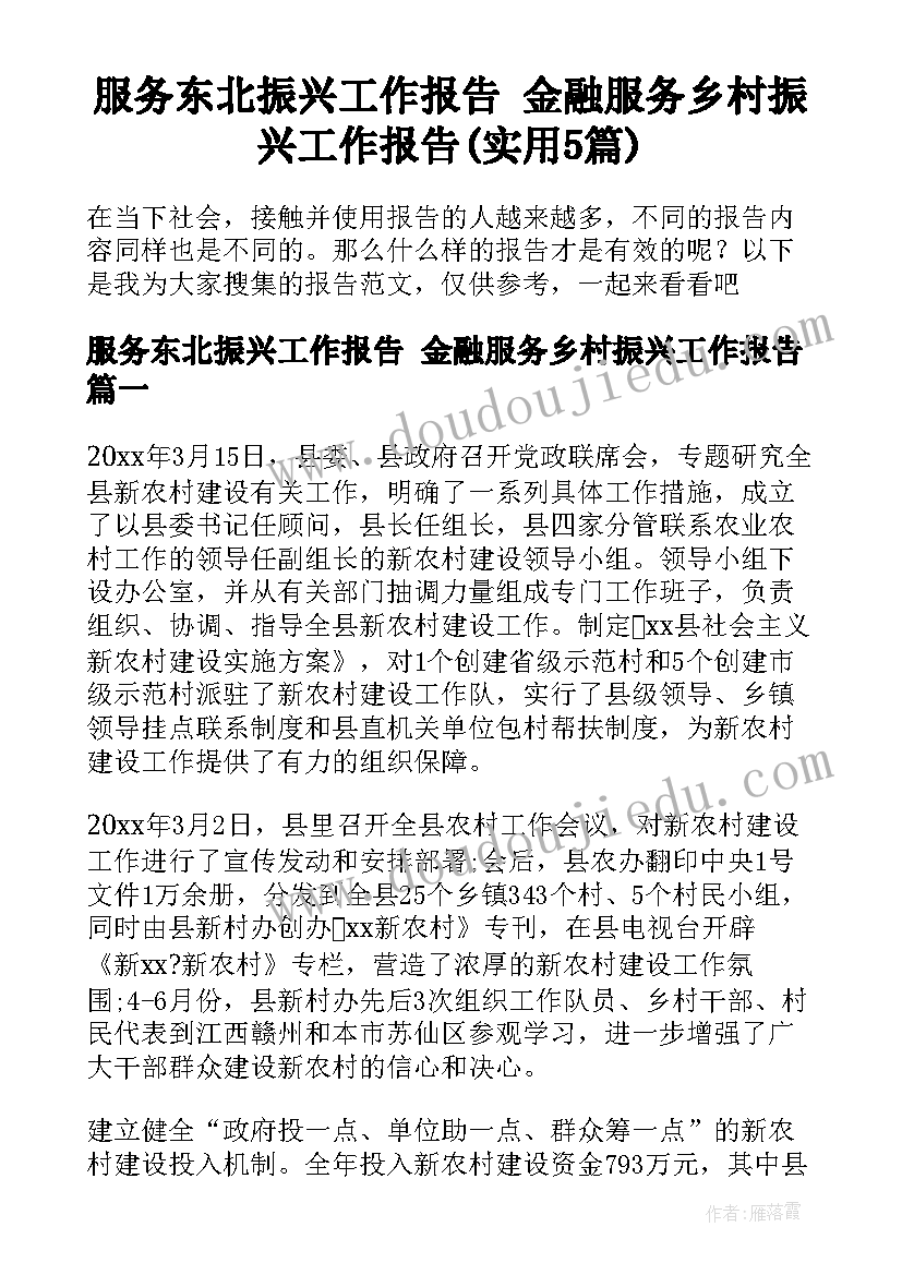 服务东北振兴工作报告 金融服务乡村振兴工作报告(实用5篇)