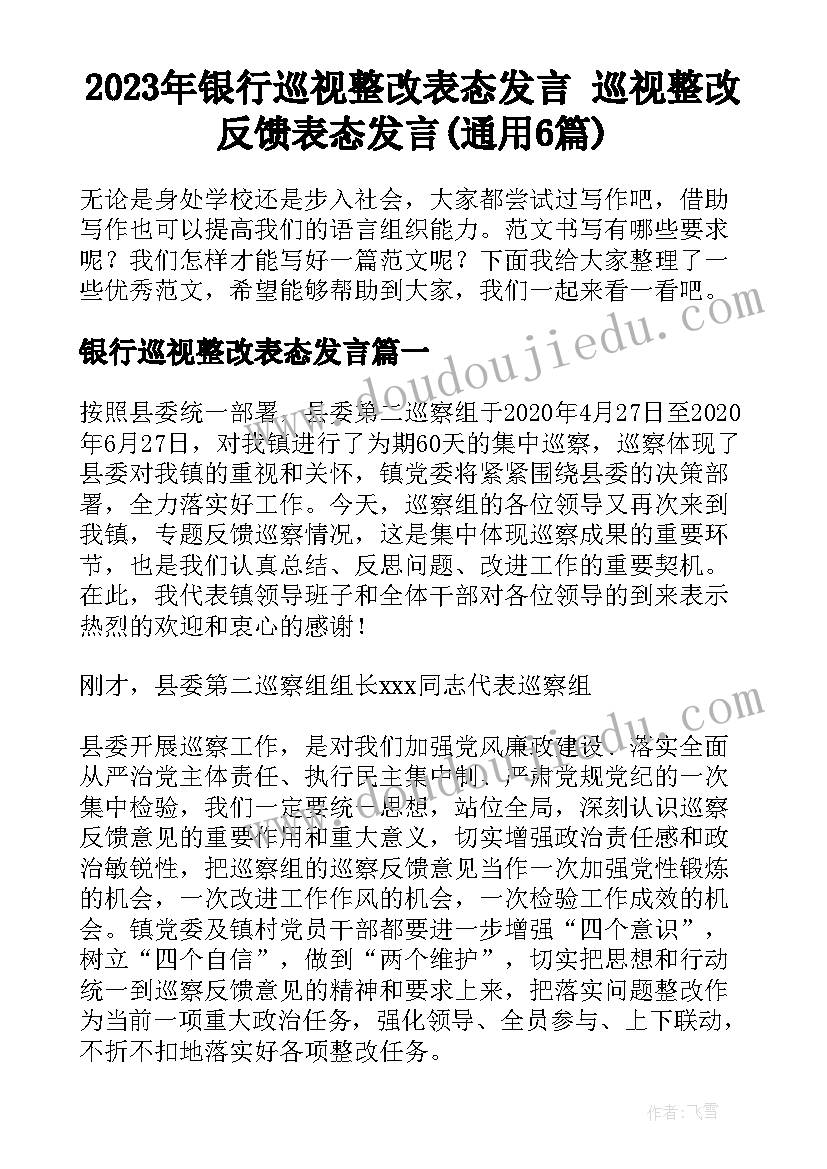 2023年银行巡视整改表态发言 巡视整改反馈表态发言(通用6篇)