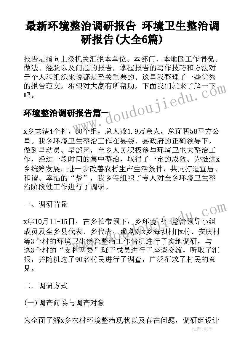 最新环境整治调研报告 环境卫生整治调研报告(大全6篇)