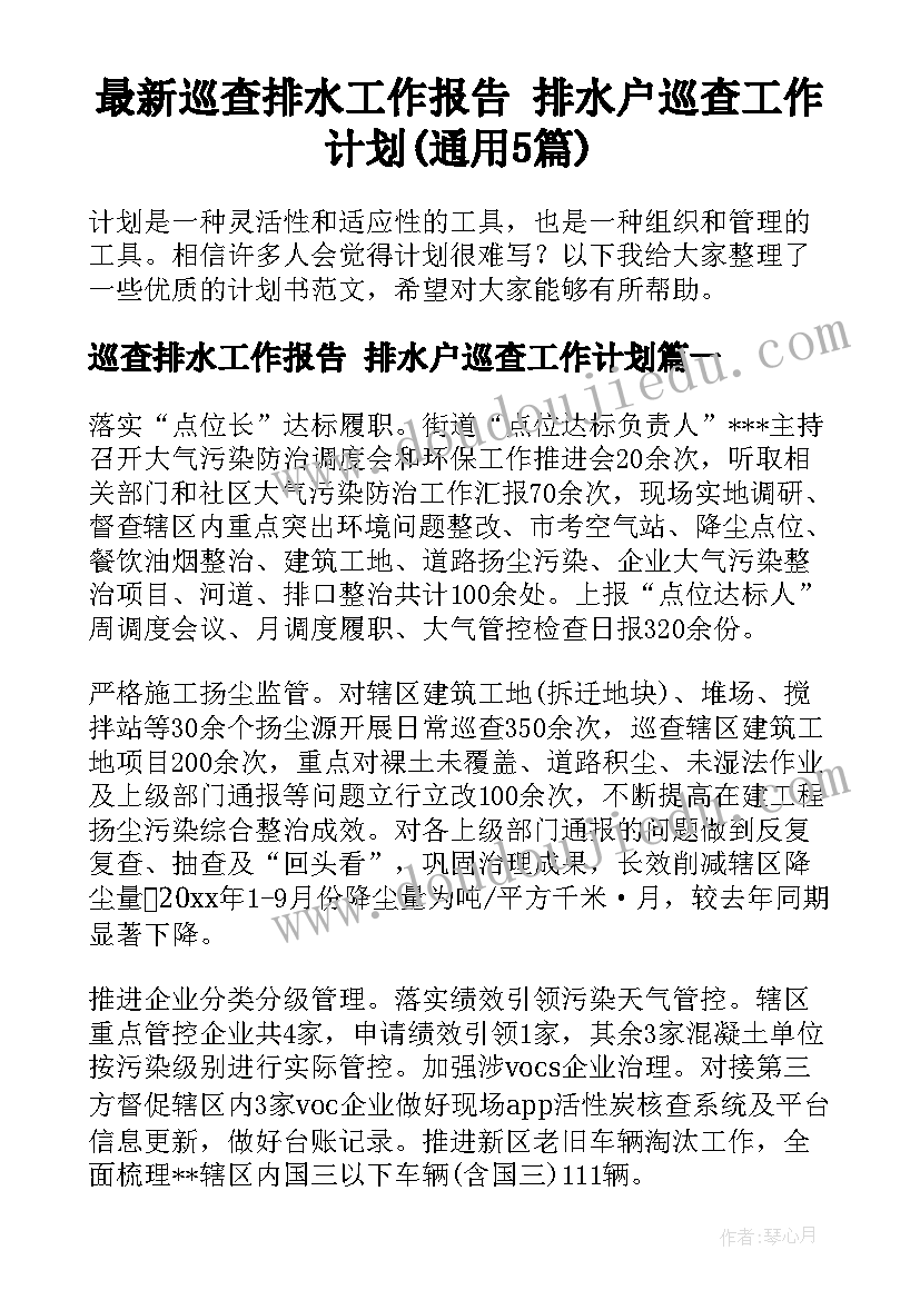 最新巡查排水工作报告 排水户巡查工作计划(通用5篇)