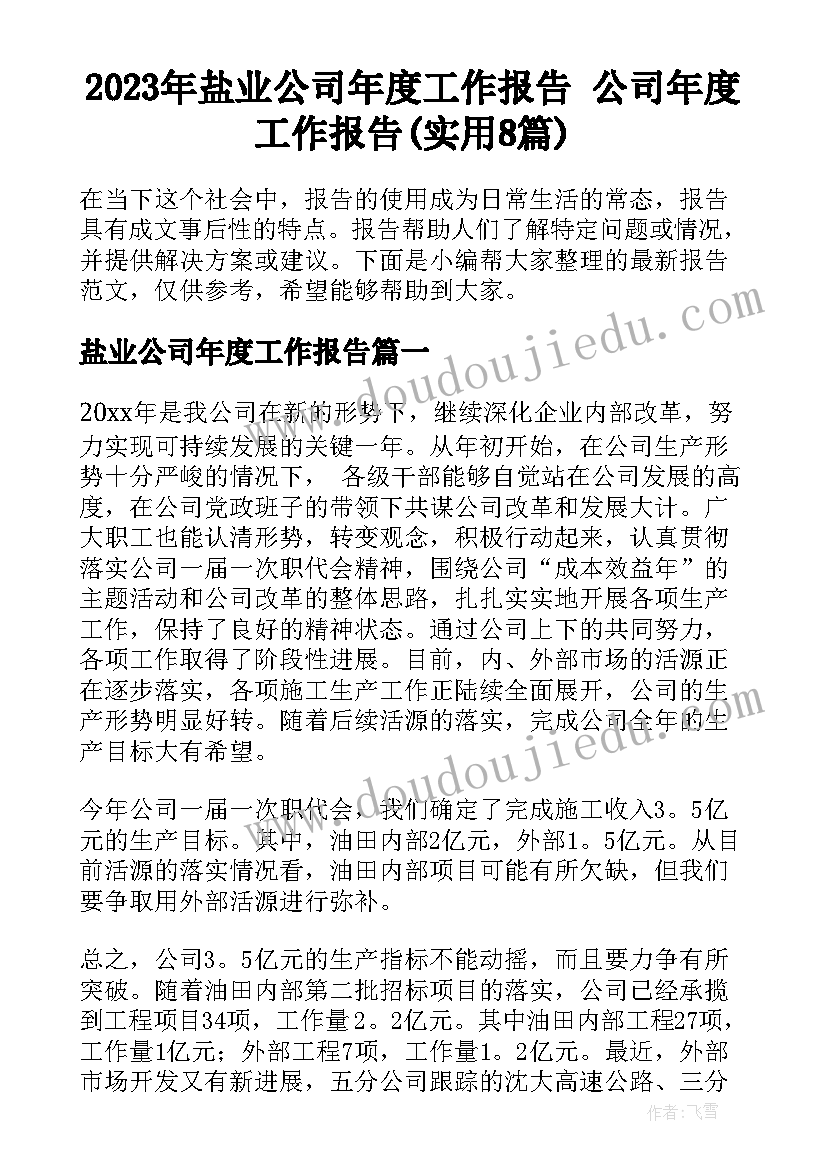 2023年盐业公司年度工作报告 公司年度工作报告(实用8篇)