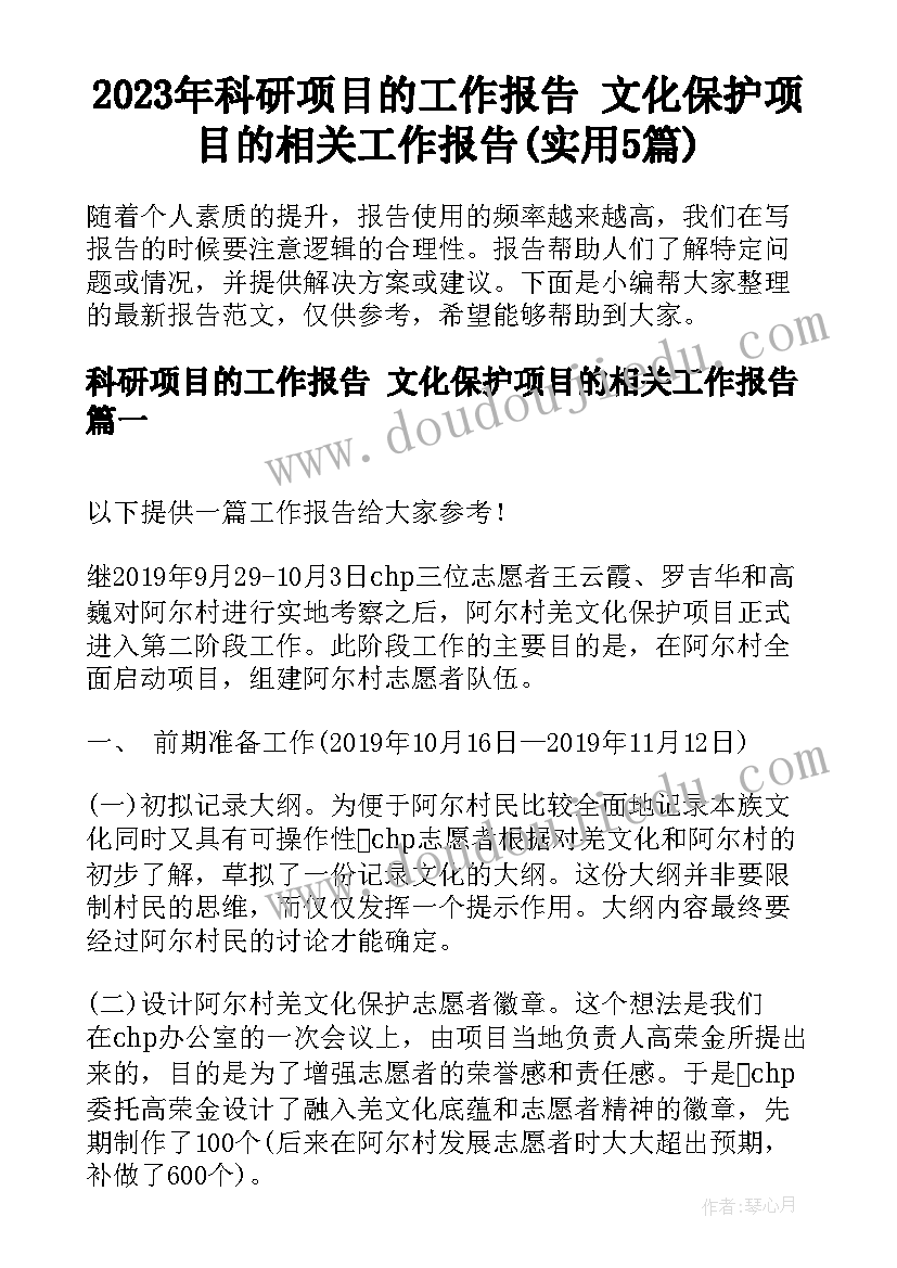 2023年科研项目的工作报告 文化保护项目的相关工作报告(实用5篇)